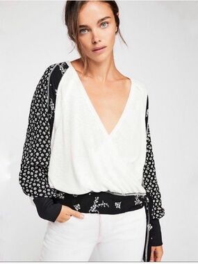 Free People Black & White Auxton Thermal Floral Tie-Waist Wrap Blouse